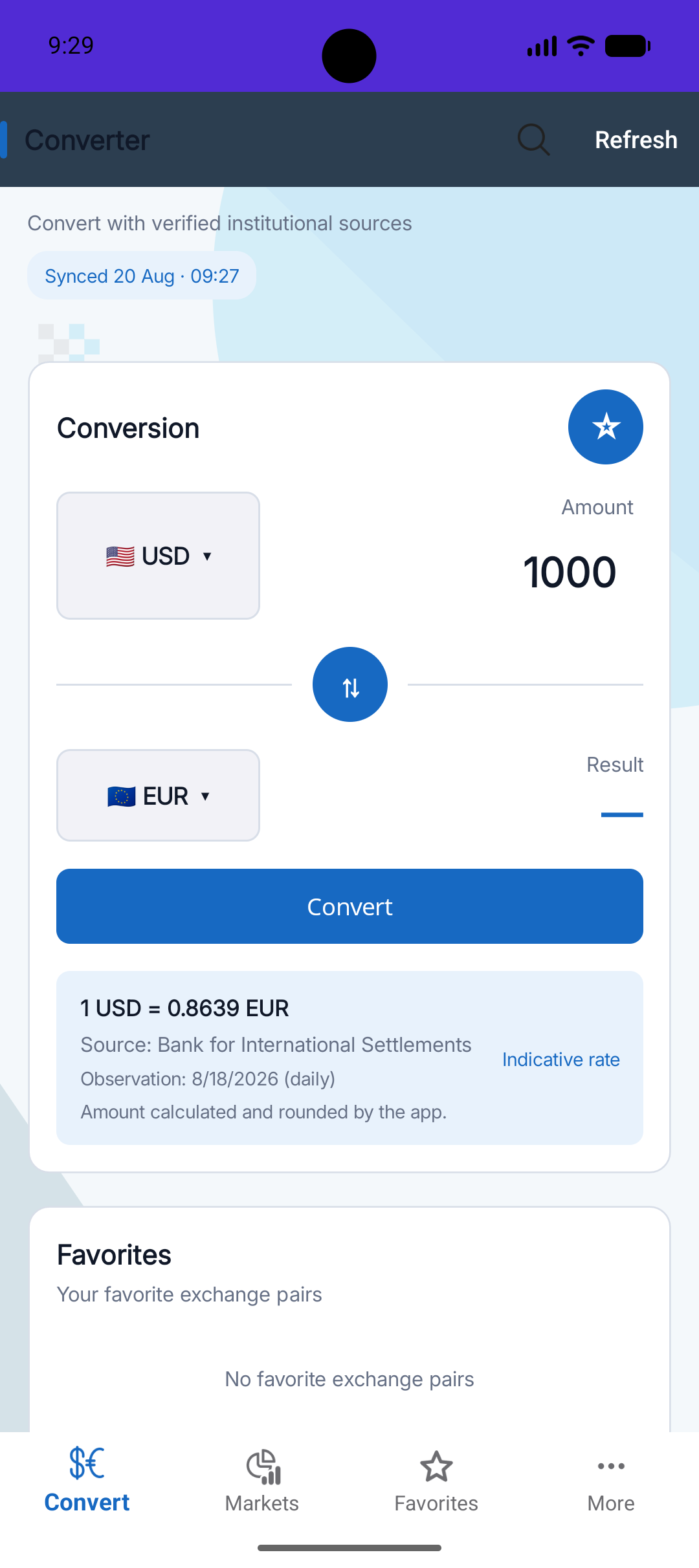 Schermata di conversione tra dollaro statunitense ed euro in Exchy